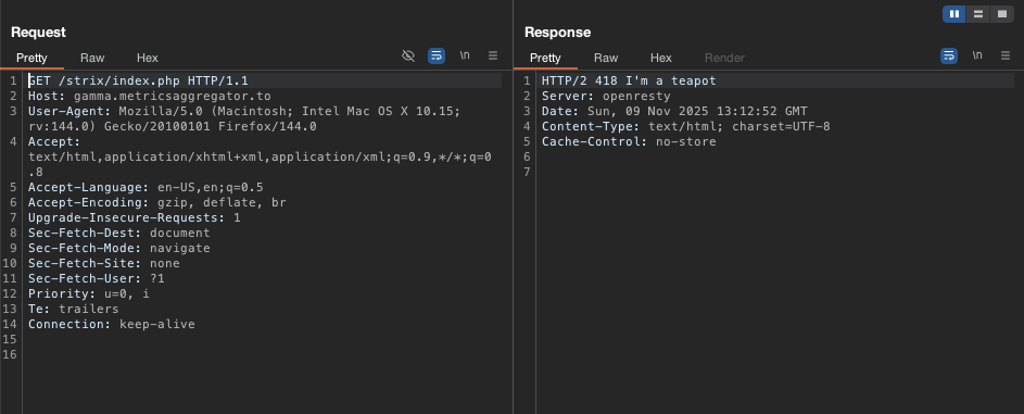 I'm a teapot response intercepted